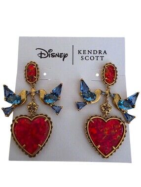 Kendra Scott Disney Snow White Statement Earrings Gold-Tone Red Heart Birds NEW